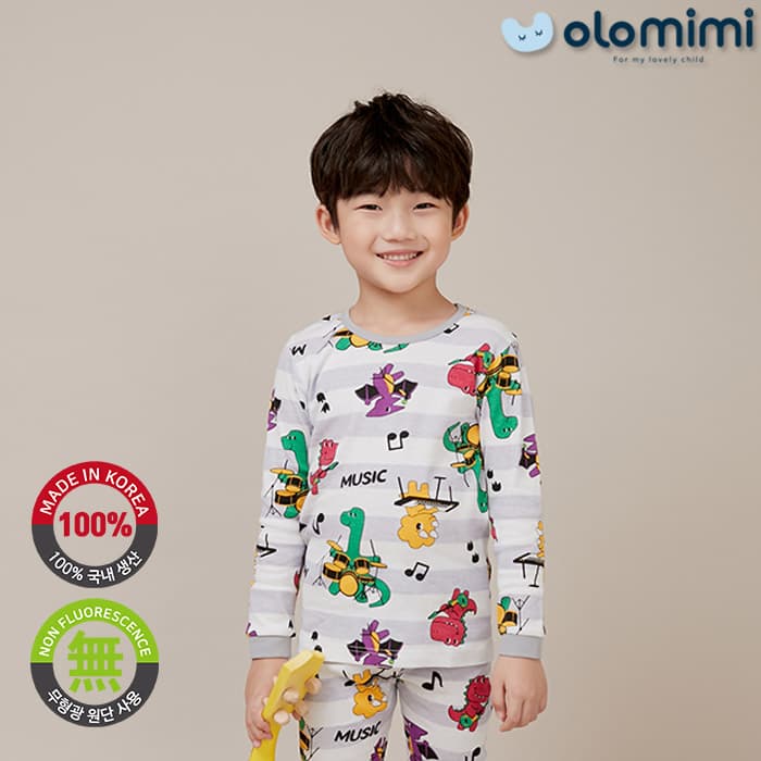 _OLOMIMI_ KOREA 21FW Kids Pajamas_sleepwear_30S rib cotton Long Sleeves_Dino Band